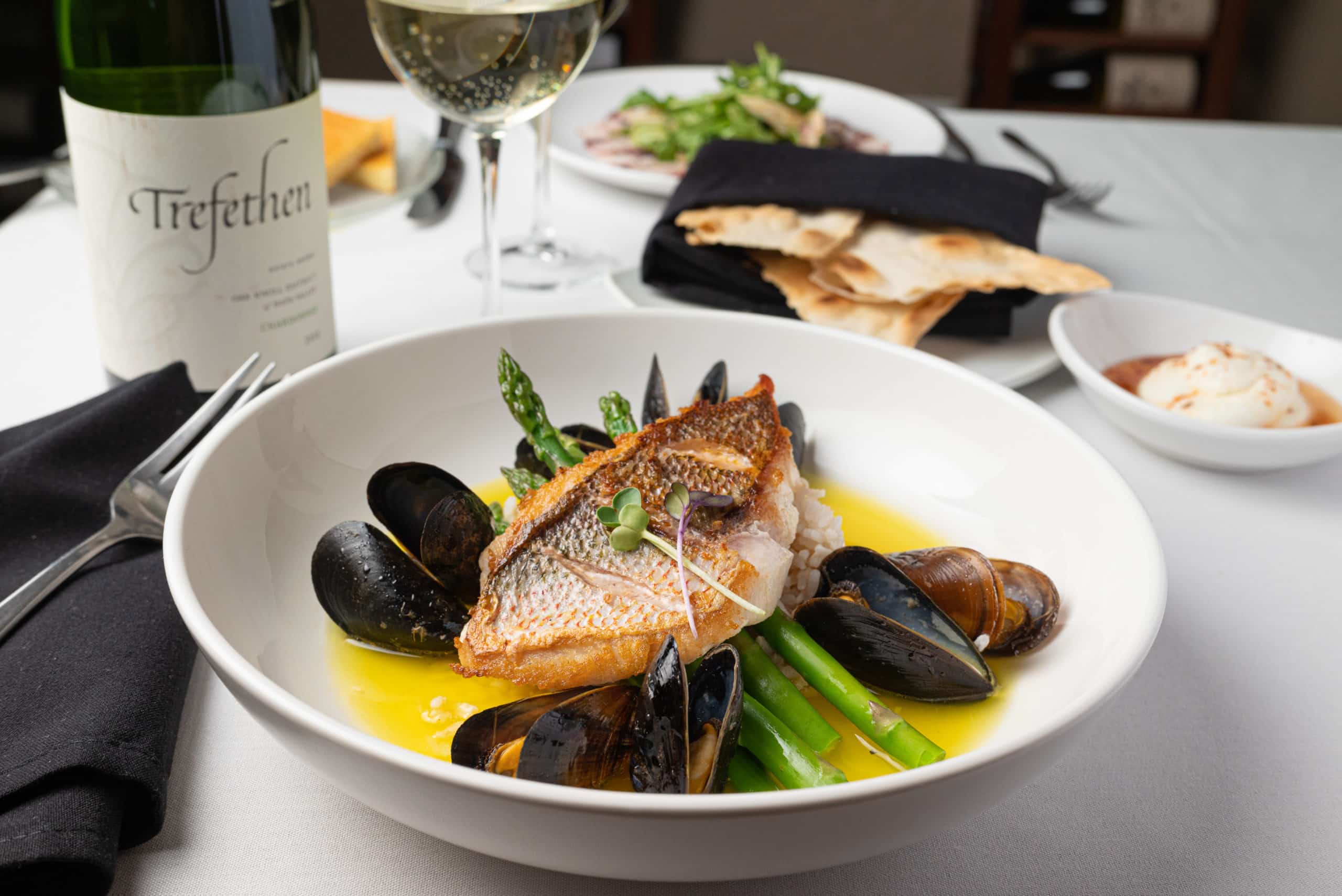 Image of fish, scallops, and asparagus 