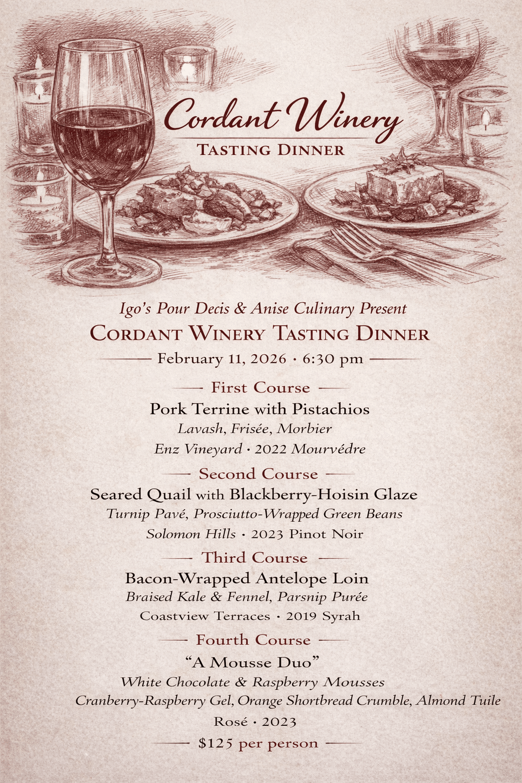 Collaborative Wine Pairing Dinner with Igo's Pour Decisions - Featuring Cordant Winery
